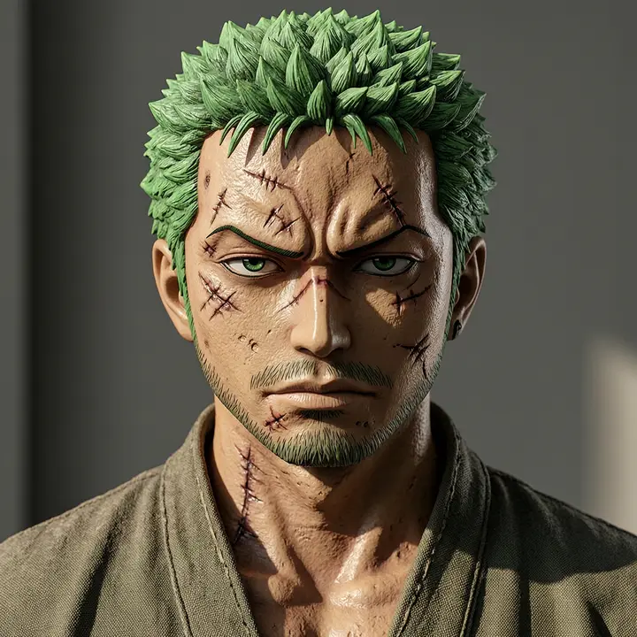 Roronoa Zoro from One Piece, ultra realistic detailed character portrait, Close-up portrait framing,