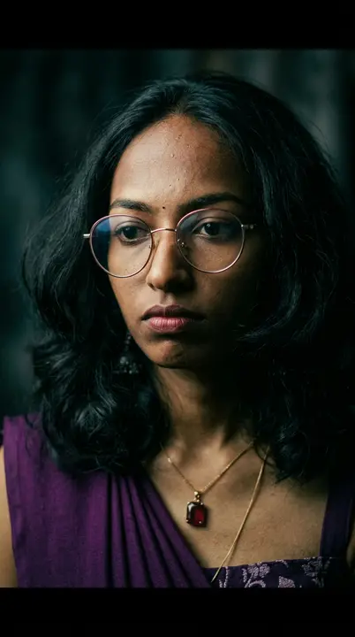 A hyperrealistic cinematic portrait of this person, featuring sharp facial features, a thoughtful expression, and mature definition, captured in a close-up shot with dramatic low-key lighting and a soft film grain texture that evokes a somber, 1990s aesthetic.